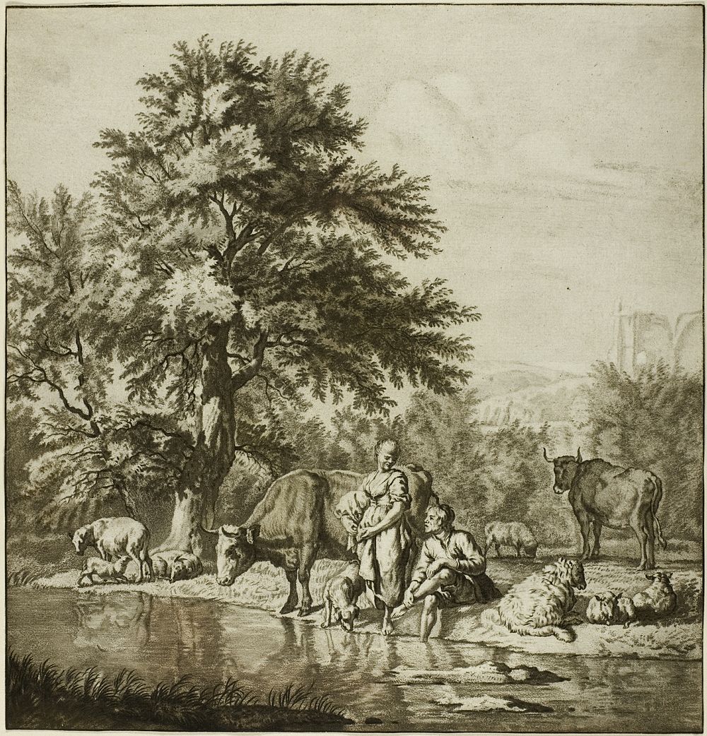 Two Shepherds with Cattle by Jacob Cornelis Ploos van Amstel