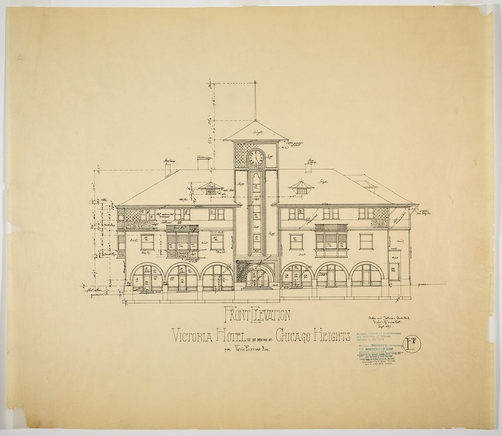 Victoria Hotel, Chicago Heights, Illinois, Front Elevation by Adler & Sullivan, Architects (Architect)