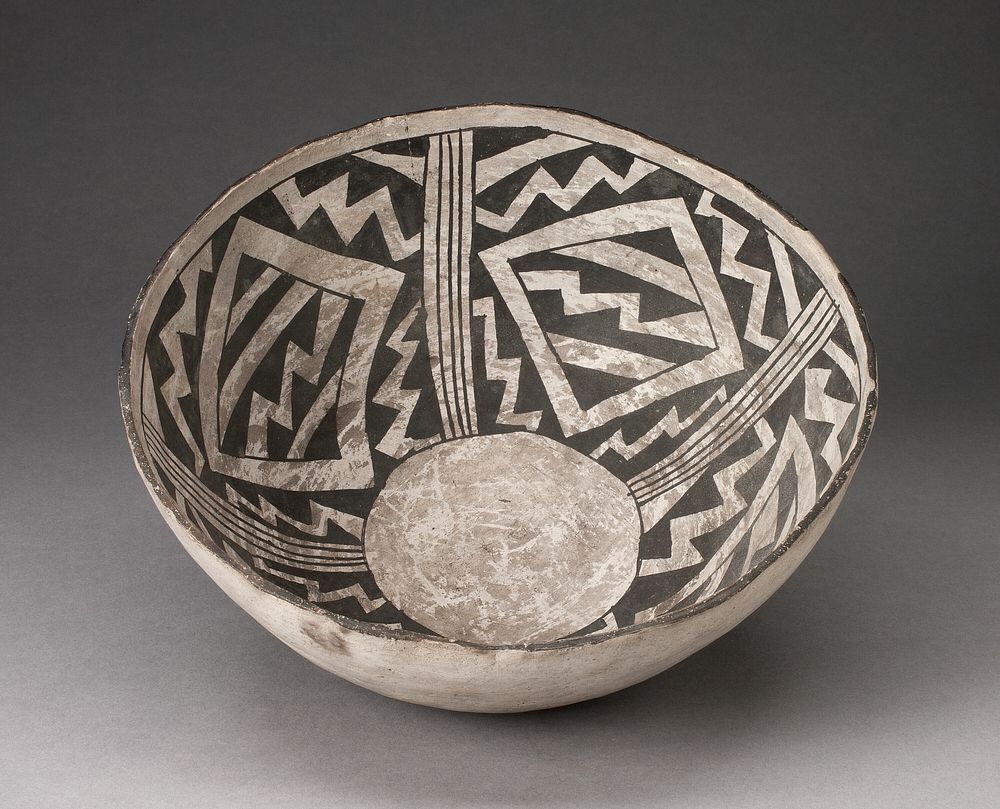 Bowl with Bold Black-on-White Diamond and Zizgag Motifs by Ancestral Pueblo (Anasazi)