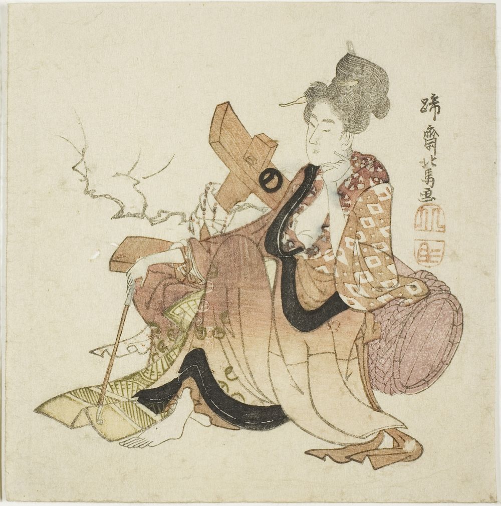 Woman leaning against wine cask, from an untitled series of Eight Immortals of the Wine Cup by Teisai Hokuba