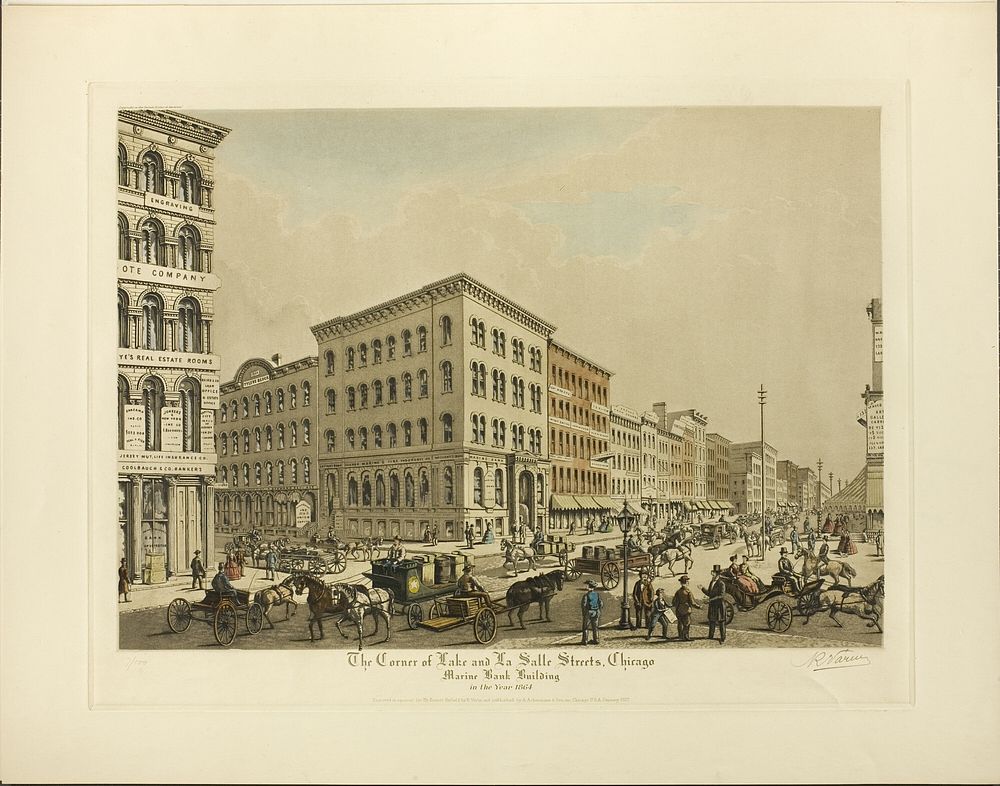 Corner of Lake and La Salle Streets, Chicago, Marine Bank Building in the Year 1864 by Raoul Varin