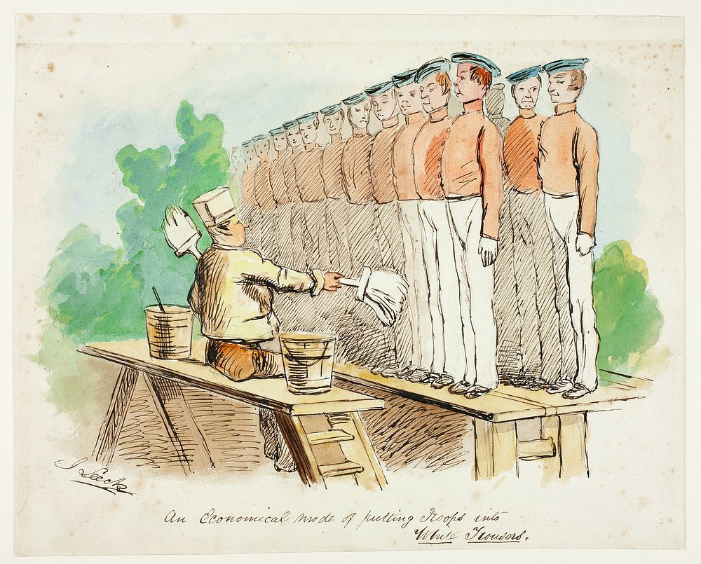 An Economical Mode of Putting Troops into White Trousers by John Leech