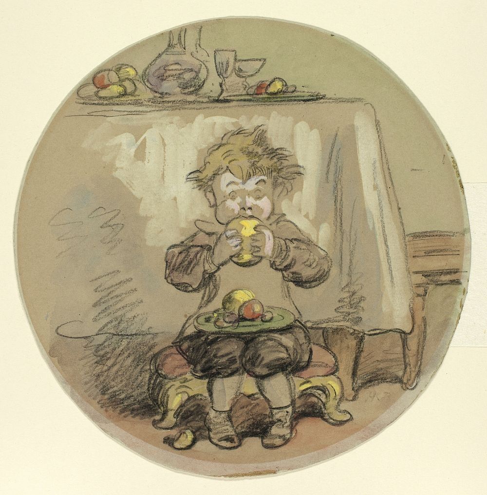 Boy Eating Fruit by Hablot Knight Browne