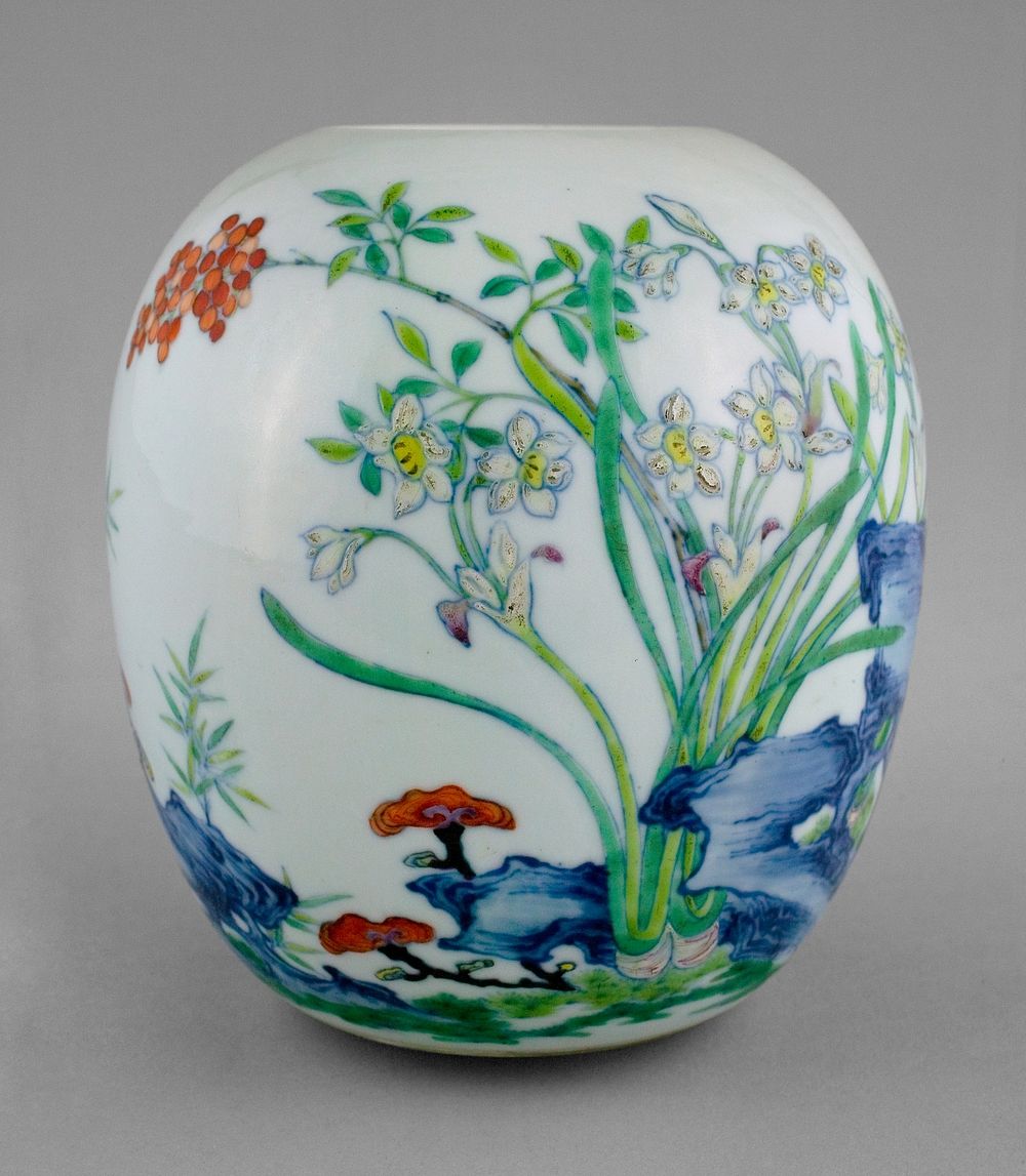 Jar with Narcissus, Nandina Berries, Lingzhi Mushrooms, and Rocks