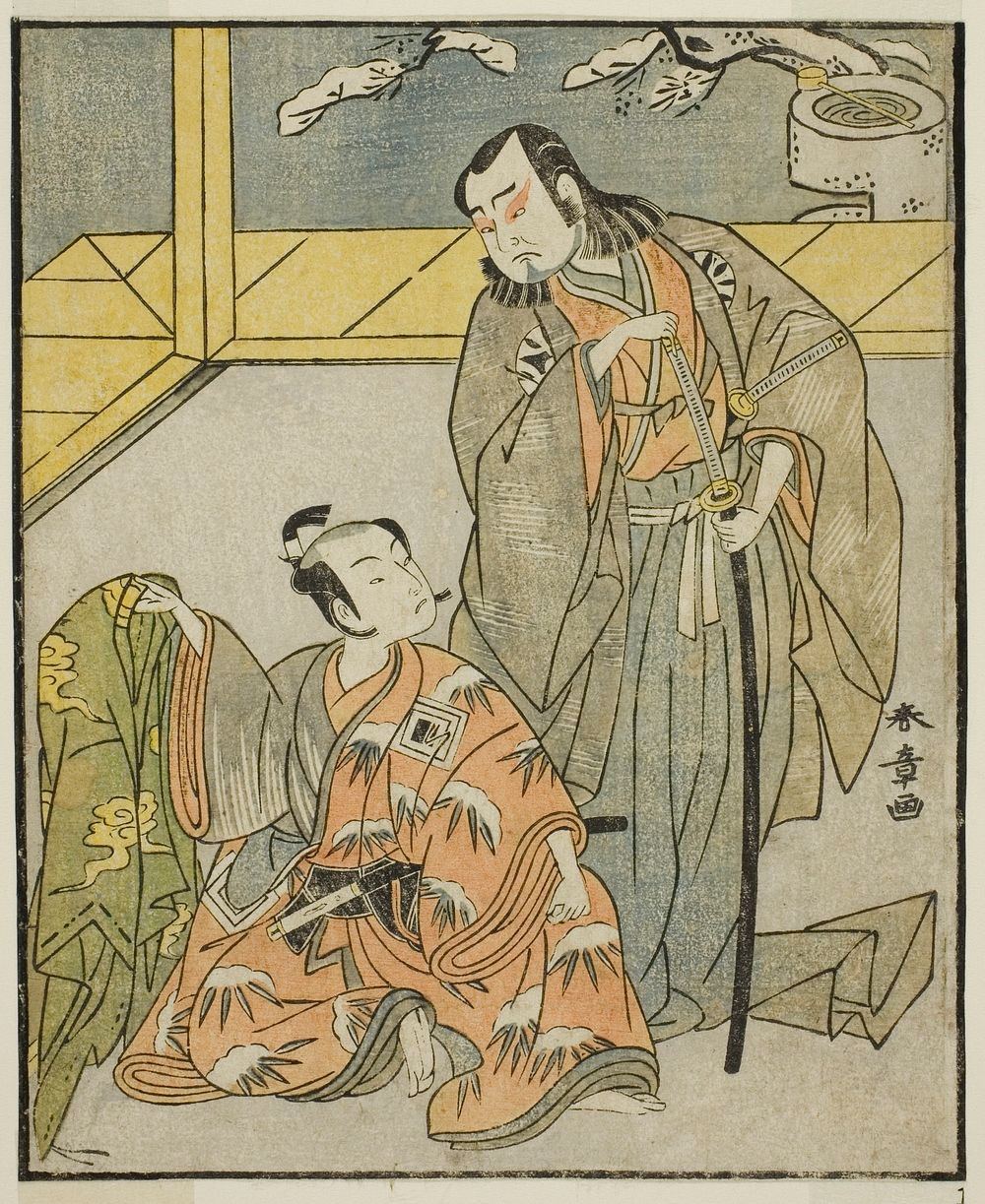 The Actors Nakamura Denkuro II as Suma no Dairyo (right), and Ichikawa Komazo II as Ariwara no Yukihira (left), in the Play…