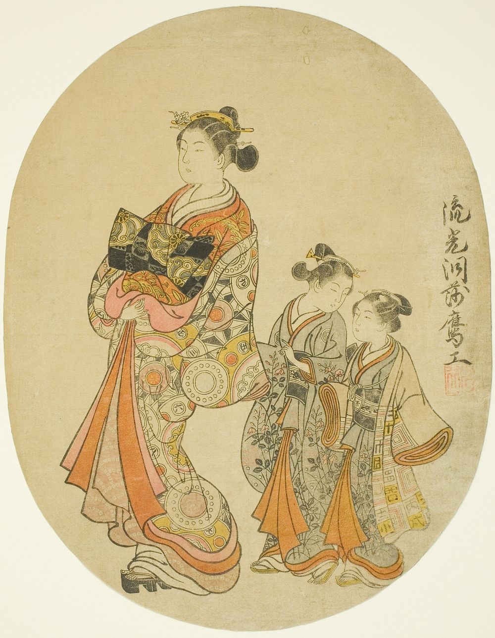 Courtesan and Two Kamuro by Komatsuya Hyakki