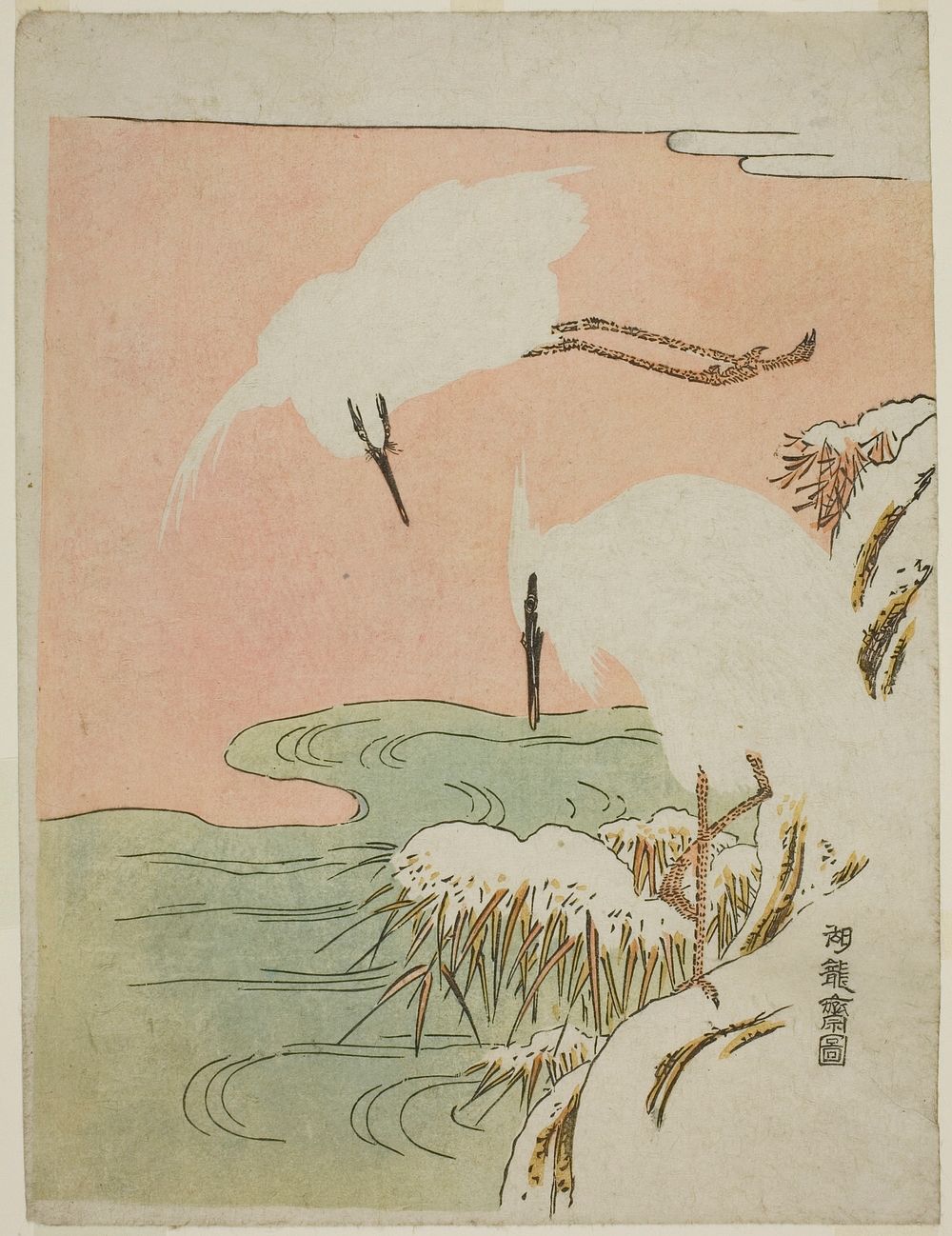 Two Egrets in the Snow by Isoda Koryusai