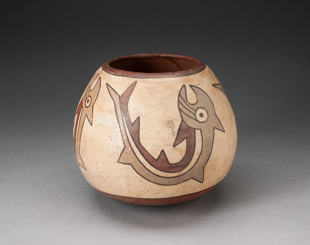 Rounded Jar Depicting Abstract Fish or Sharks by Nazca