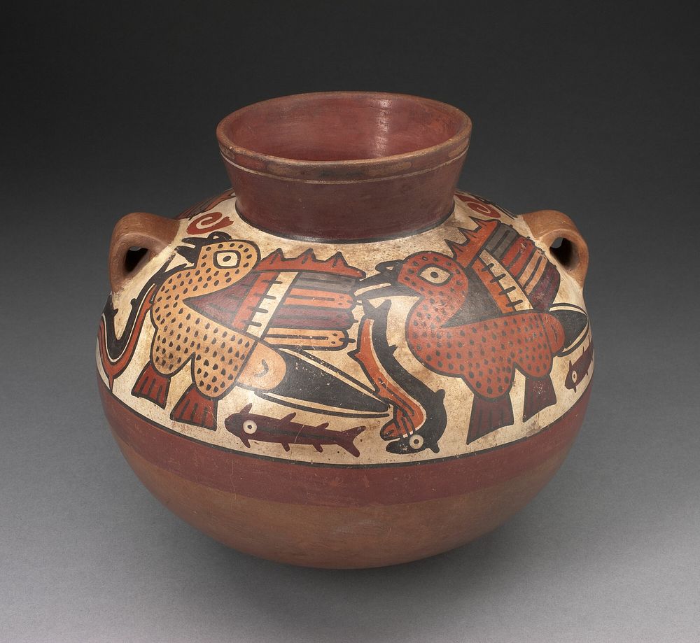 Handled Jar Depicting Birds Catching Fish by Nazca