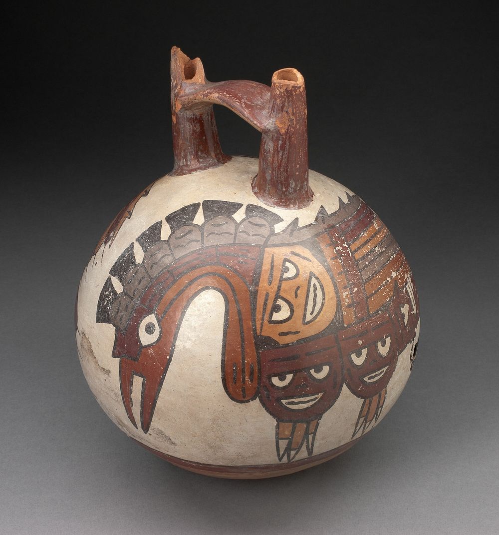 Double Spout Bridge Vessel Depicting Long-Necked, Crested Bird with Anthropomorphic Features by Nazca