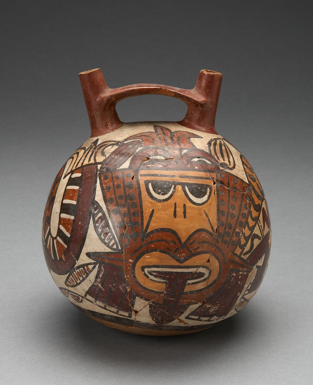 Double Spout Vessel Depicting Figure Costumed as Pampas Cat with Bean Motifs by Nazca