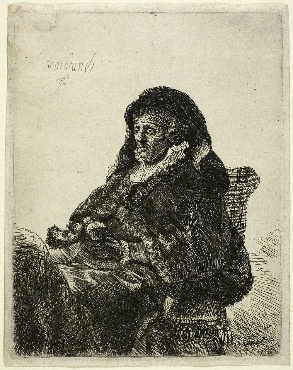 The Artist's Mother Seated at a Table, Looking Right: Three Quarter Length by Rembrandt van Rijn