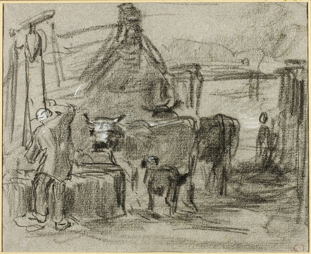 Farmyard with Man and Cattle by Constant Troyon