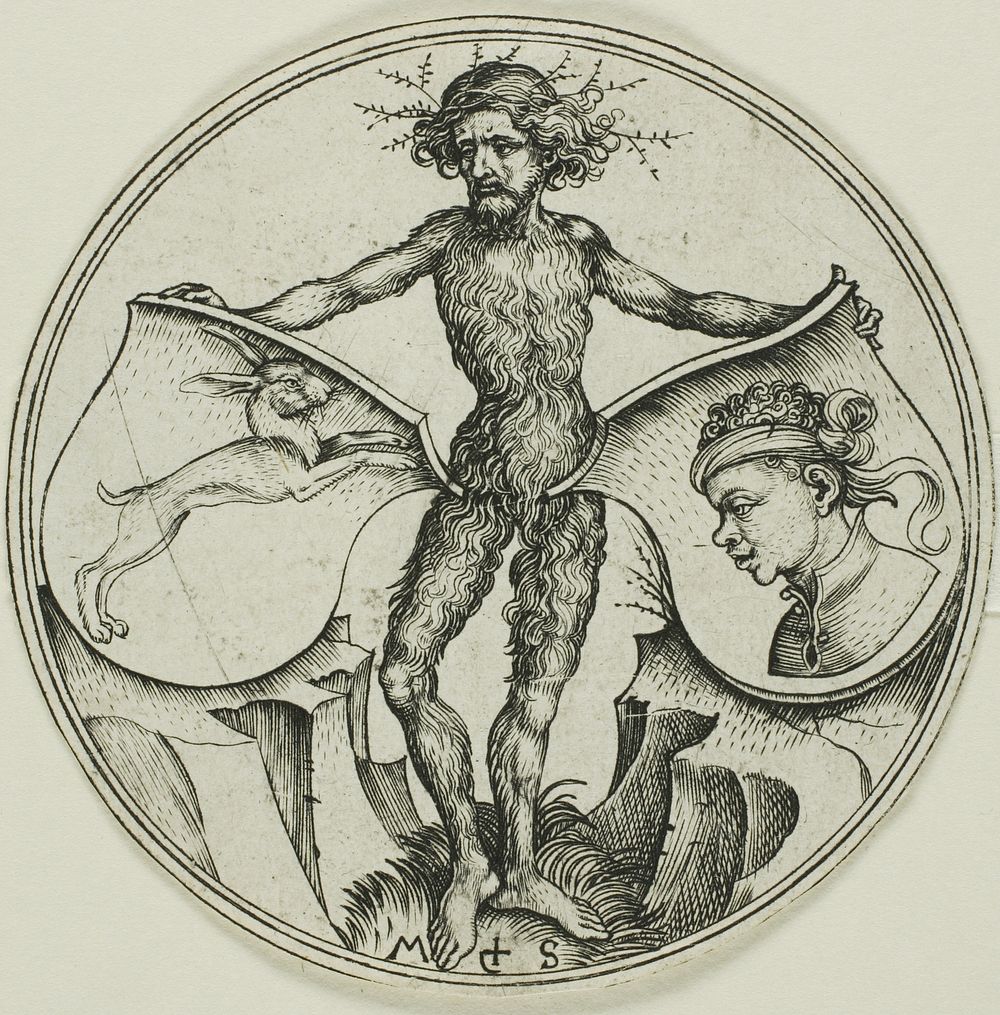Two Shields with a Hare and a Moor's Head, Held by a Wild Man by Martin Schongauer