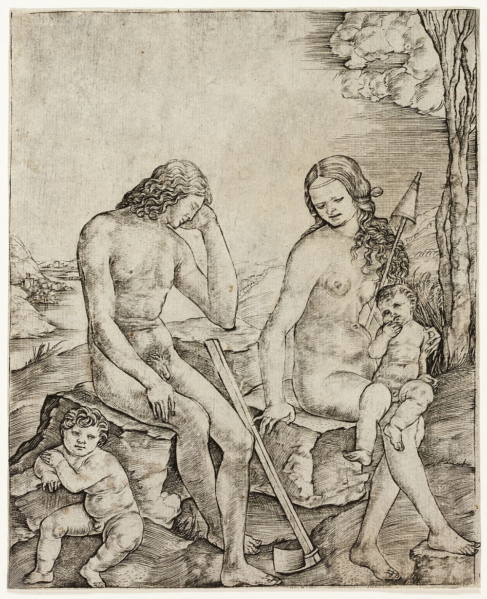 Adam and Eve with Infants Cain and Abel by Cristofano Robetta