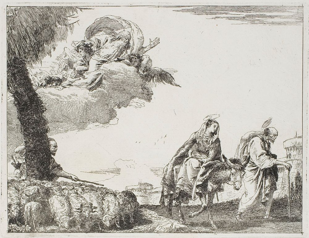 The Holy Family Walking Along a City Wall. On the left, a Shepherd with his Flock and God the Father, plate eight from The…