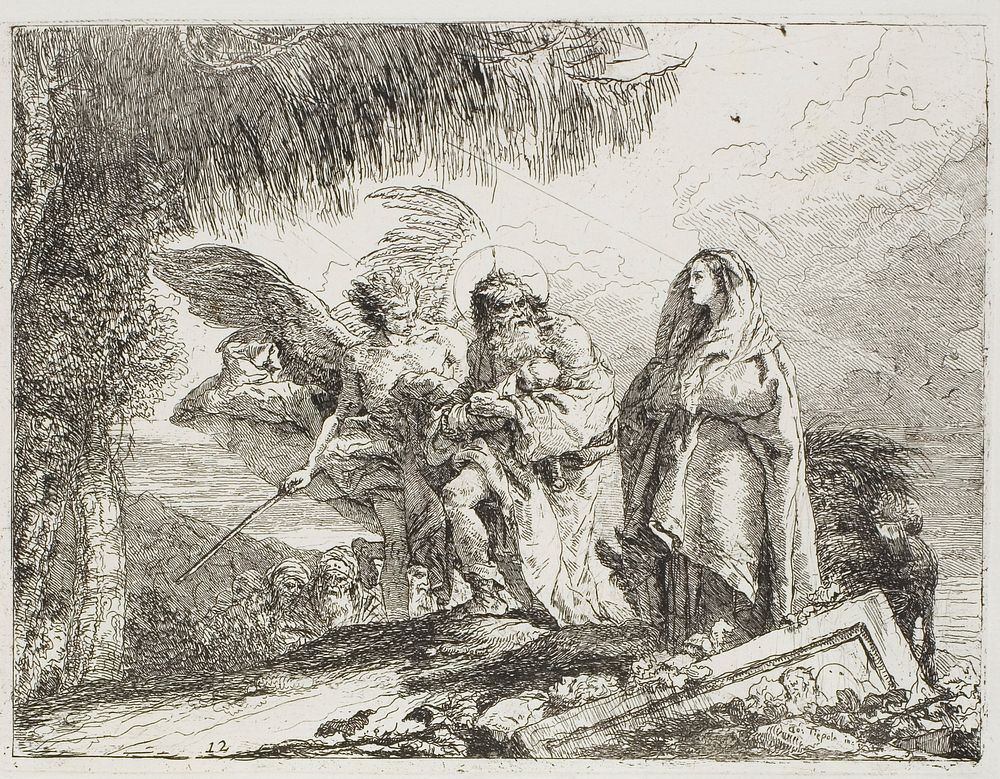 Mary and Joseph, Holding the Child, are Escorted by an Angel, plate twelve from The Flight into Egypt by Giovanni Domenico…