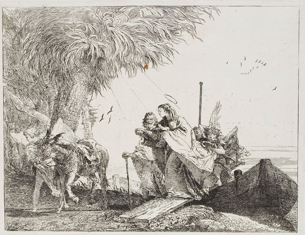 Mary, Helped by Joseph and an Angel, Stepping Out of the Boat, plate eighteen from The Flight into Egypt by Giovanni…