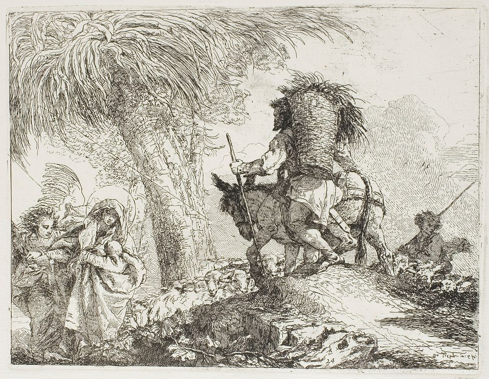 Mary, Helped by an Angel, and Joseph Carrying the Basket, Passing a Flock, plate 24 from The Flight into Egypt by Giovanni…