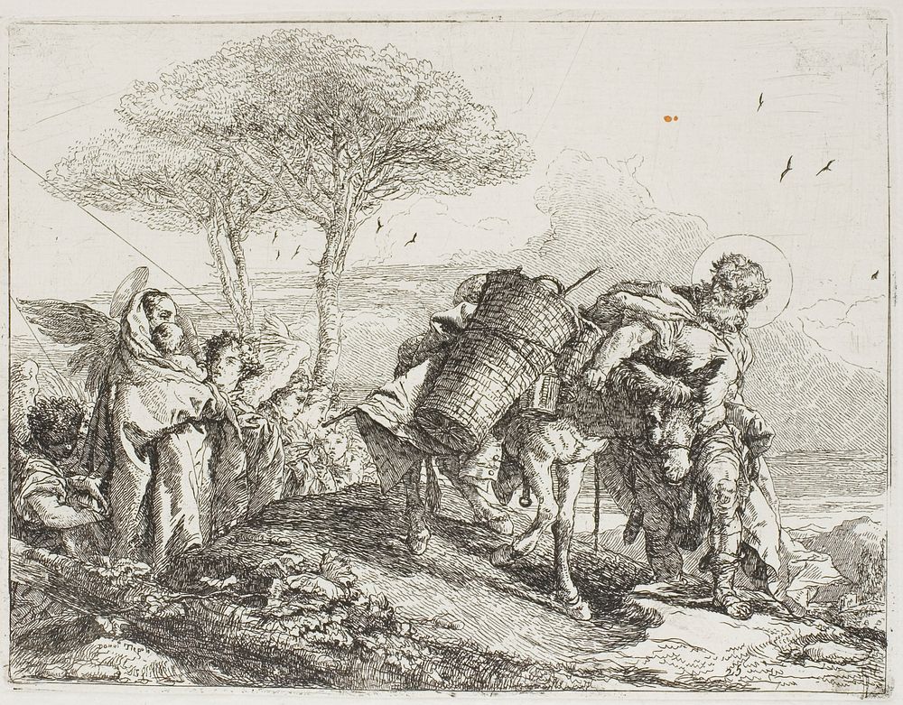 Mary, Helped by Two Angels, Follows Joseph with the Donkey, plate 25 from The Flight into Egypt by Giovanni Domenico Tiepolo