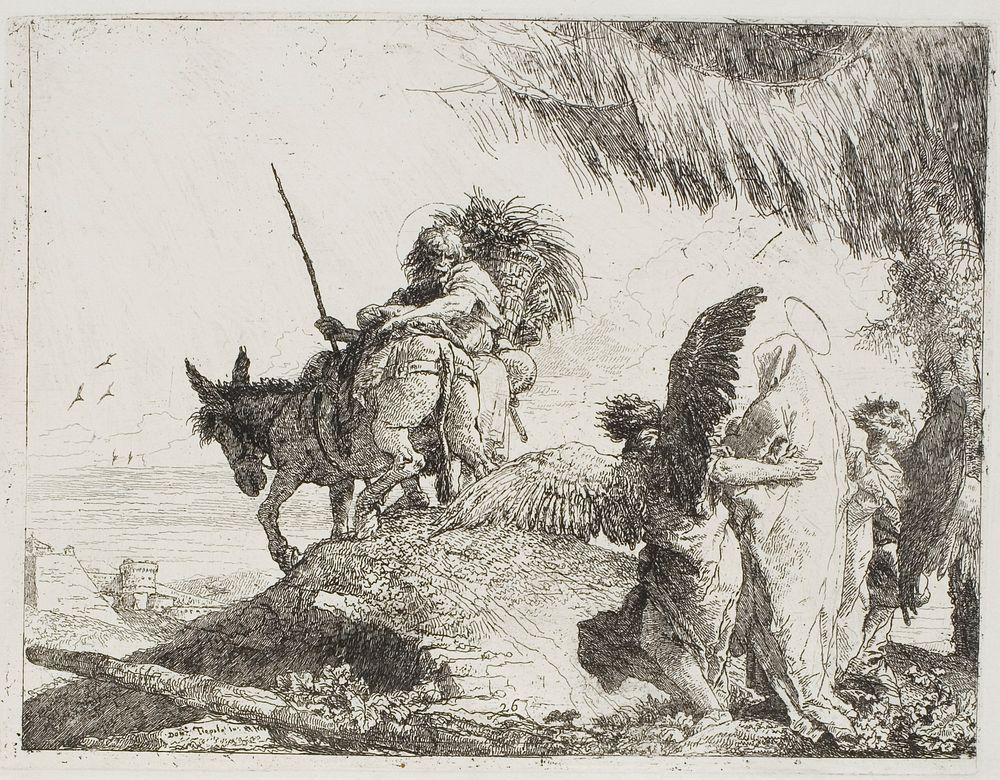 Mary, Supported by Two Angels, Follows Joseph, plate 26 from The Flight into Egypt by Giovanni Domenico Tiepolo