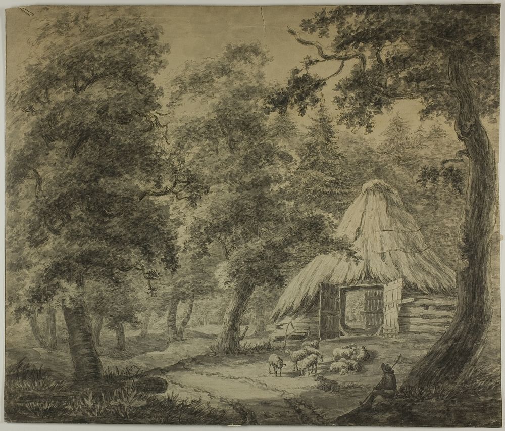 Thatched Hut in Woods with Shepherd and Sheep by Anthonie Waterloo