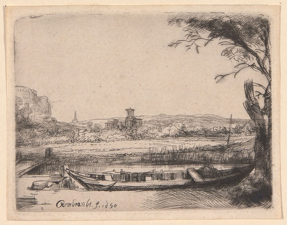 Canal with a Large Boat and a Bridge by Rembrandt van Rijn