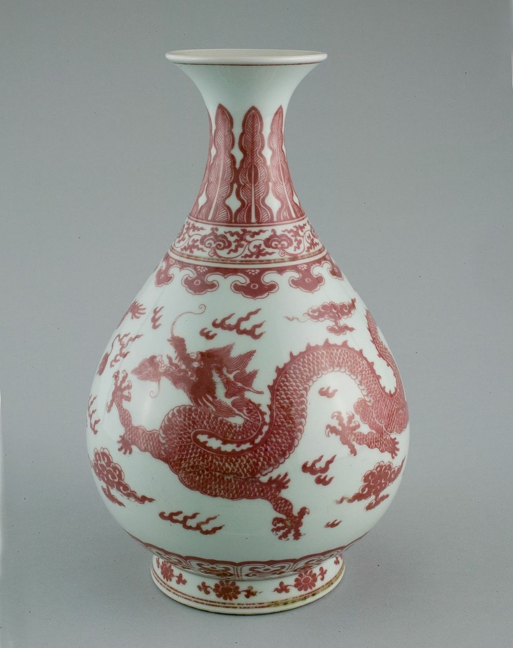 Bottle Vase with Dragons amid Clouds, Chasing Flaming Pearls; Pendant Ruyi; Lingzhi Scrolls; Upright Leaves and Petal…