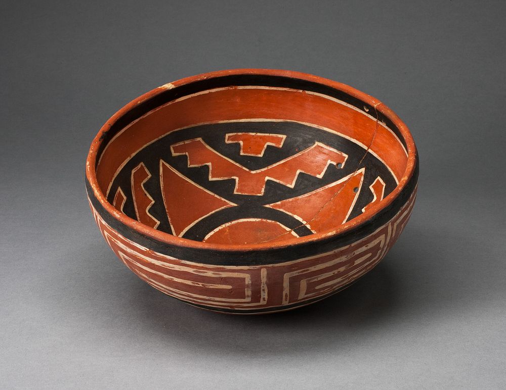 Polychrome Bowl with Geometric Star Motif on Interior and Interloking Scroll on Exterio by Cibola