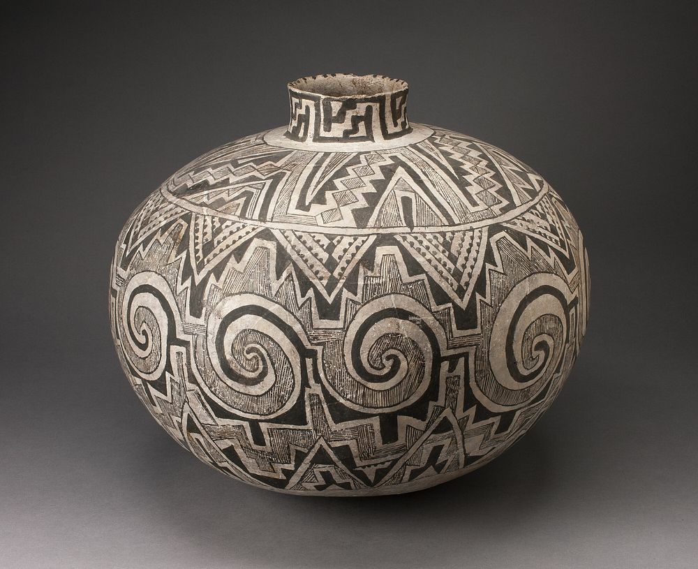 Storage Jar (Olla) with Black, White, and Hathed Linked Scrolls, Triangles, and Stepped Motifs by Ancestral Pueblo (Anasazi)