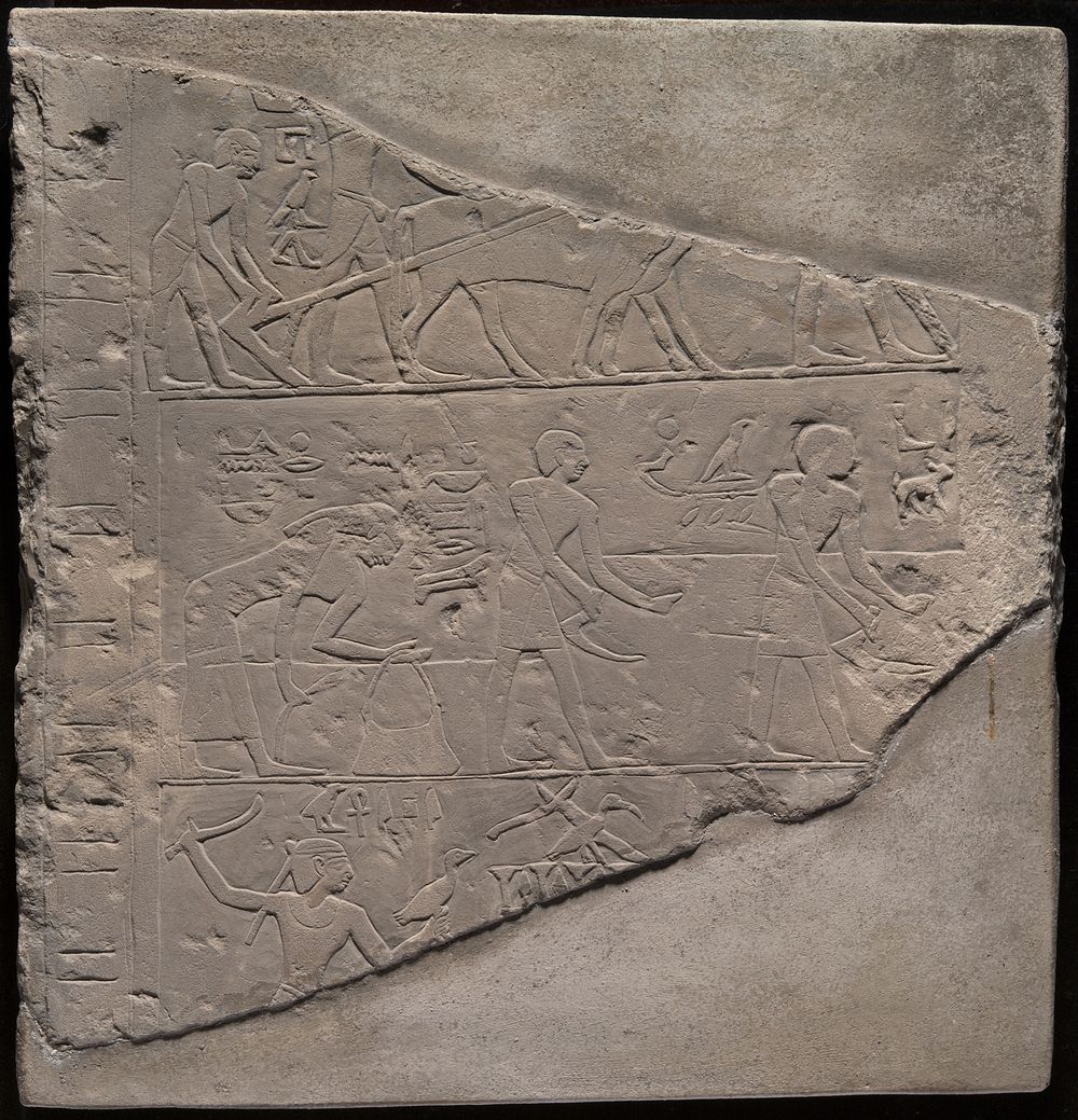 Fragment of a Stela Depicting Plowing, Harvesting, and Fowling by Ancient Egyptian