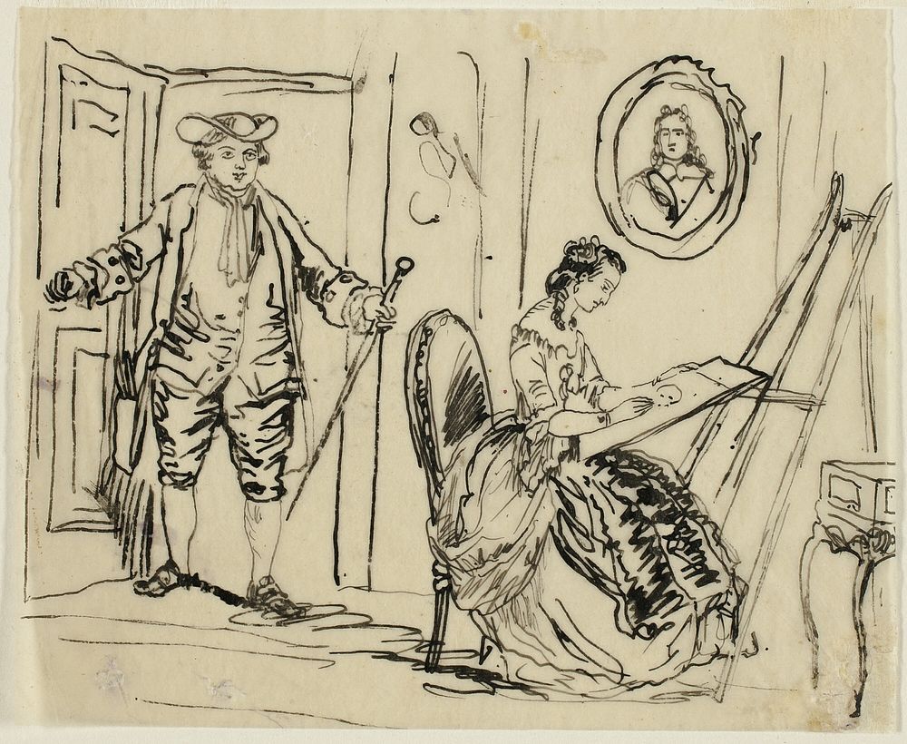 Interior with Man and Woman in Eighteenth-Century Dress by Rodolphe Bresdin