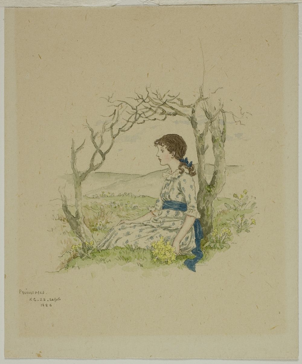 Seated Girl with Primroses by Kate Greenaway