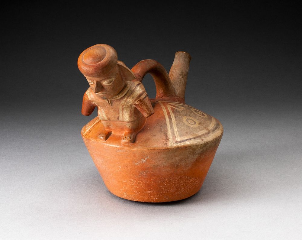 SIngle Spouted Vessel with Sculpted Figure Attached to the Handle by Moche
