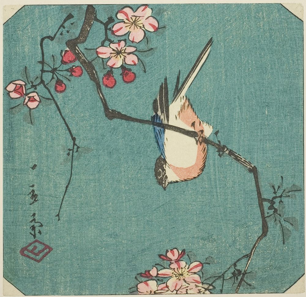 Bullfinch, section of an untitled harimaze print by Utagawa Hiroshige