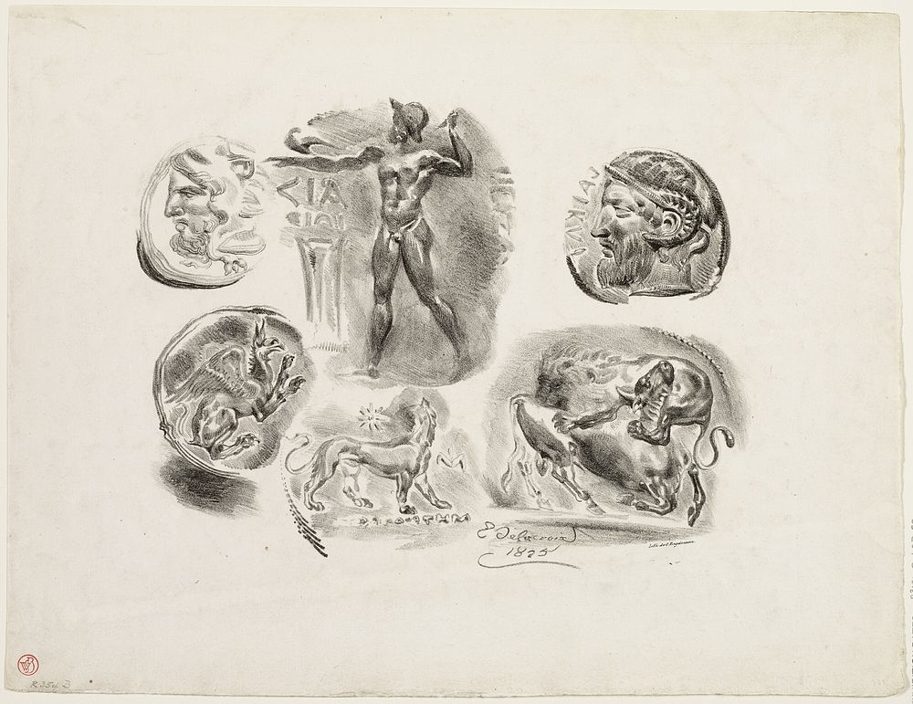 Sheet of Six Antique Medals by Eugène Delacroix