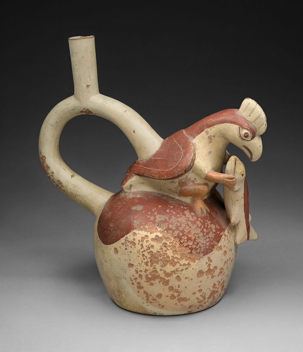 Handle Spout Vessel in Form of an Anthropomorphic Bird Grasping a Fish by Moche