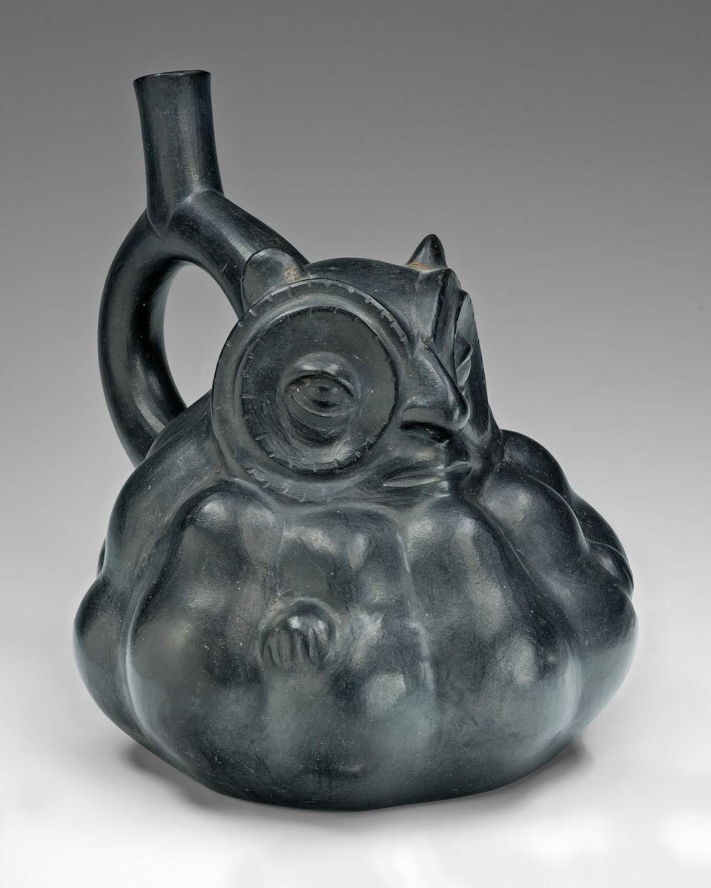 Handle Spout Vessel in the Form of an Owl with a Gourd-Like Body by Moche