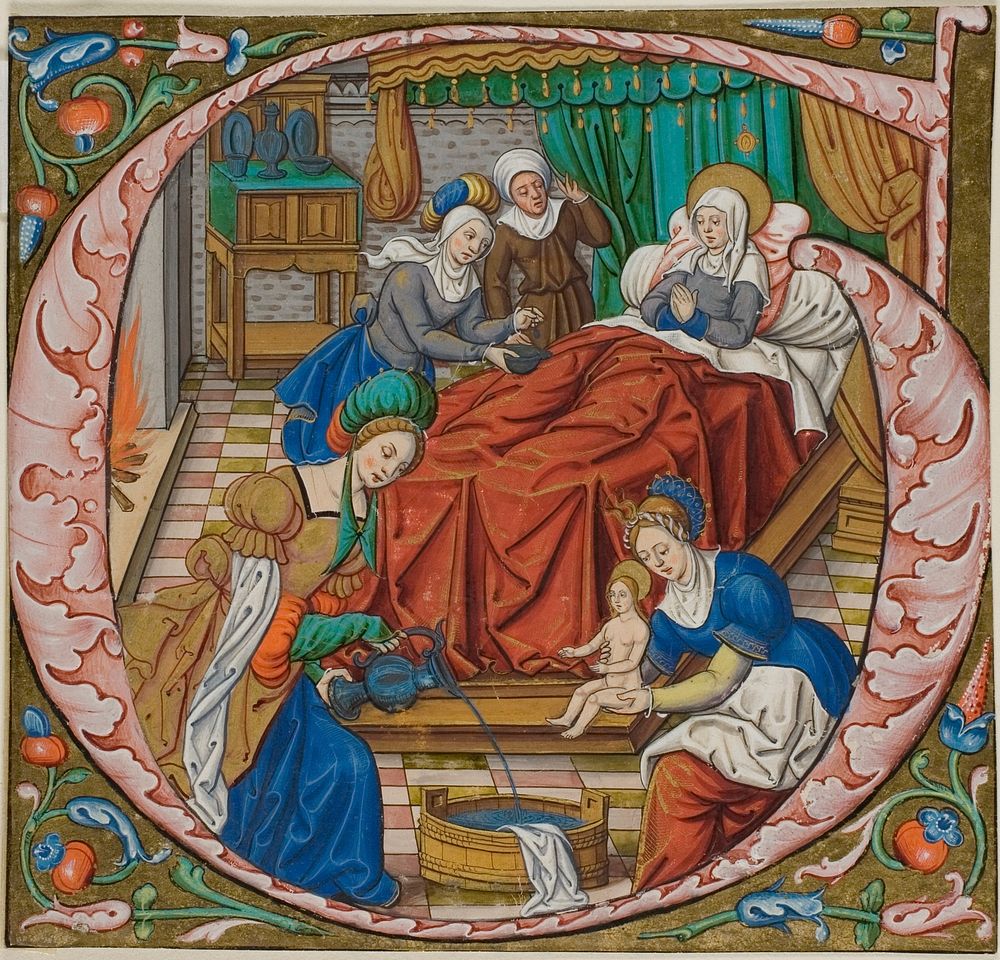 The Birth of the Virgin in a Historiated Initial "G" from an Antiphonal by Master of Jacques de Besançon