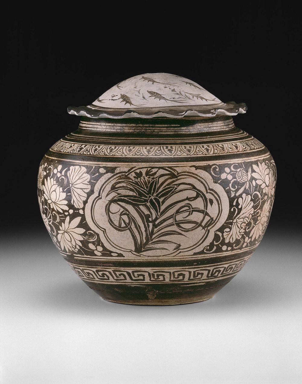 Jar with Sprays of Peony, Lily, and Plum and Lid with Small Fish