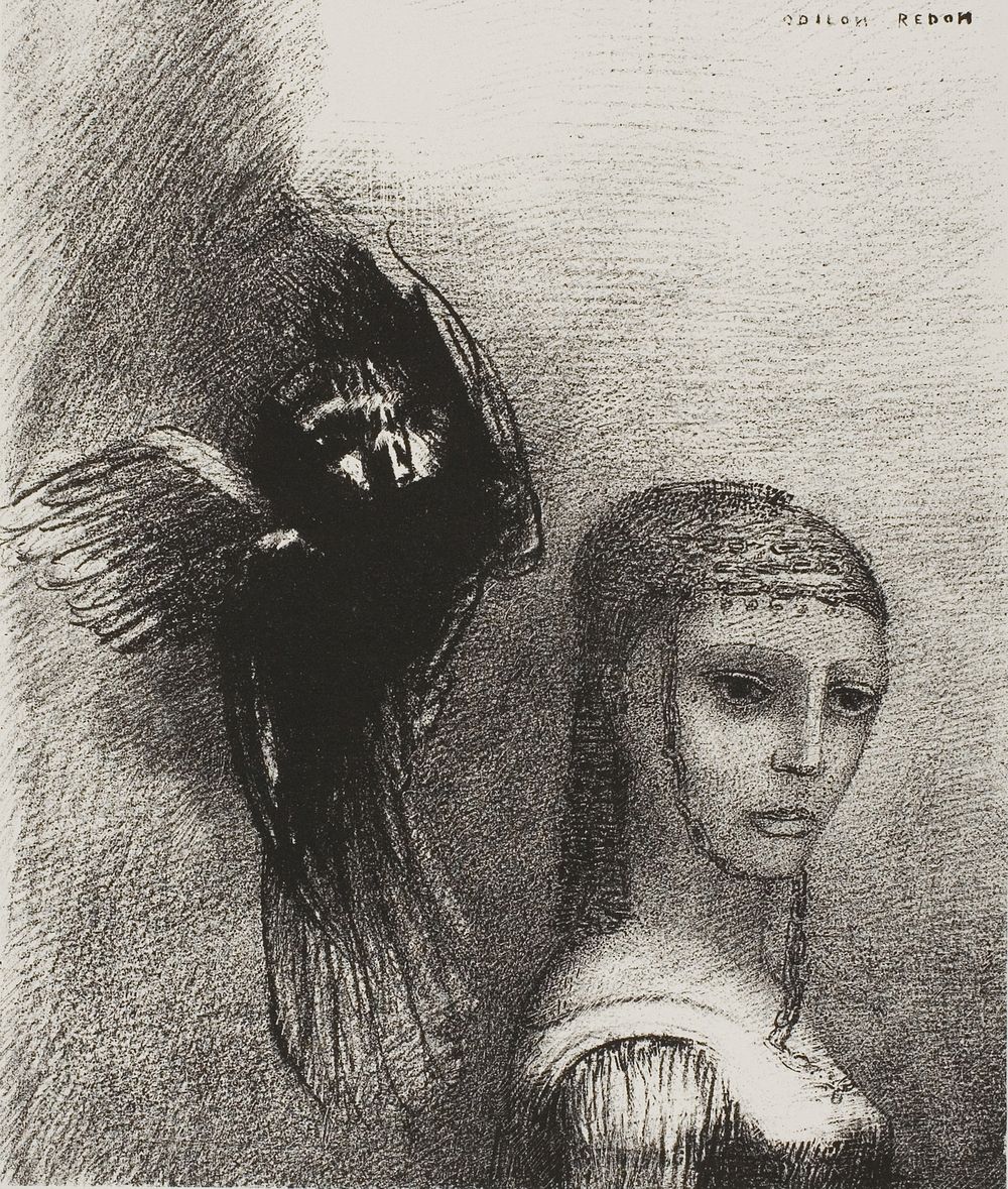 And a Large Bird, Descending From the Sky, Hurls Itself Against the Topmost Point of Her Hair, plate 3 of 10 by Odilon Redon