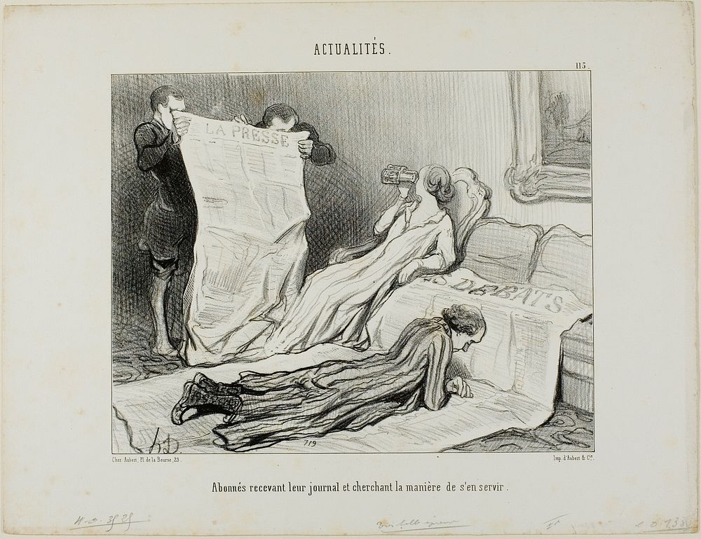 Subscribers Tyring to Cope with Their Paper, plate 115 from Actualités by Honoré-Victorin Daumier