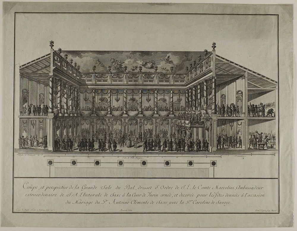 Side Elevation and Perspective of Grand Ballroom by Domenico Cagnoni