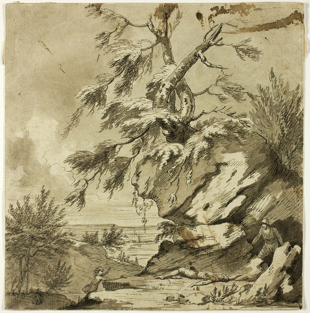 Dead Man, Brigand and Fleeing Child on Rocky Bluff by Style of Salvator Rosa