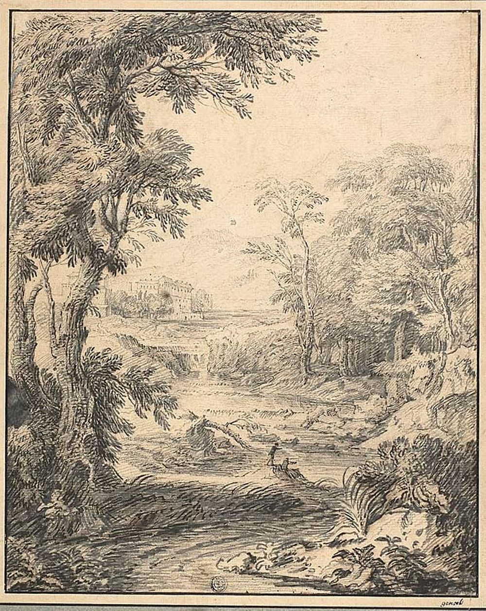 River Landscape with Two Figures in Foreground, Castle in Distance by Abraham Genoels, II