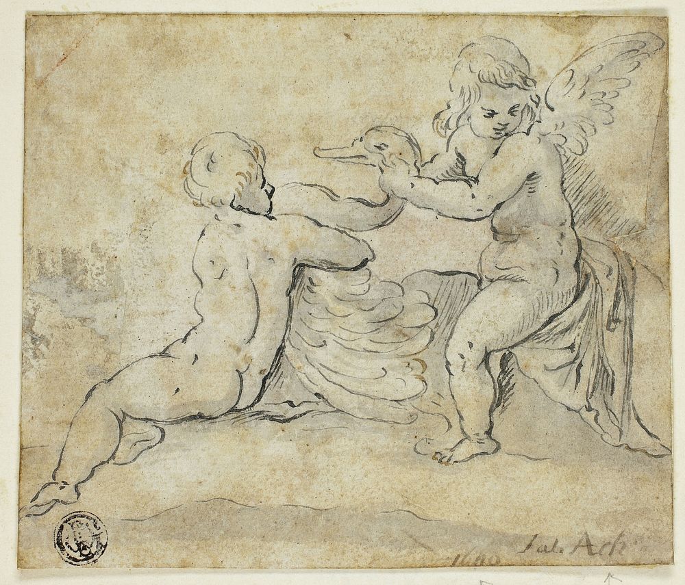 Putti Holding Swan by Johann von Aachen