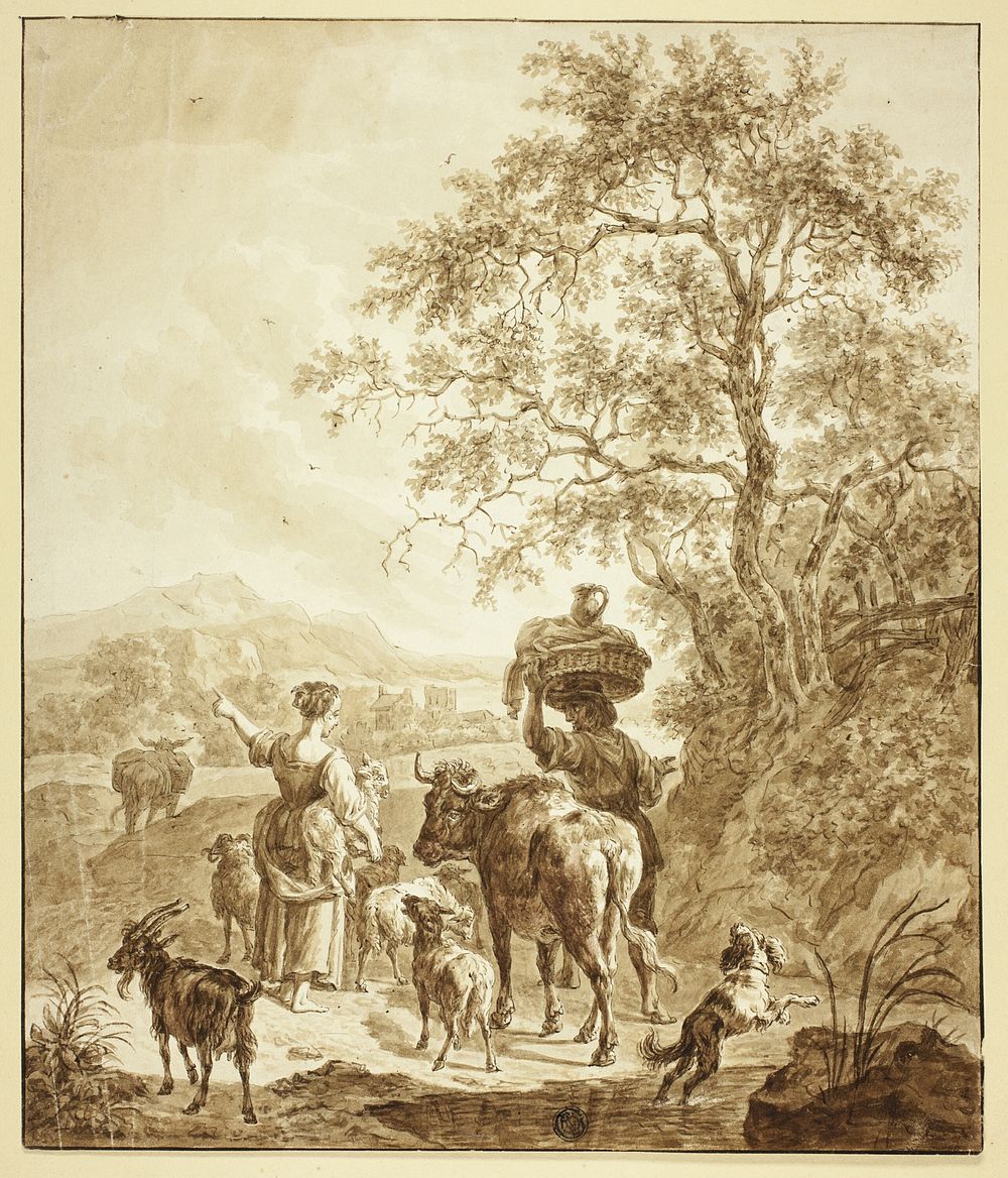 Shepherdess and Peasant with Flock in Italianate Landscape by Nicolaes Berchem