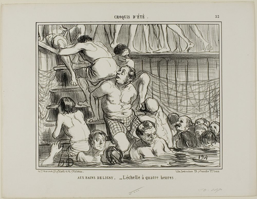 At the Deligny Baths. - The ladder at 4 p.m., plate 33 from Croquis D'été by Honoré-Victorin Daumier