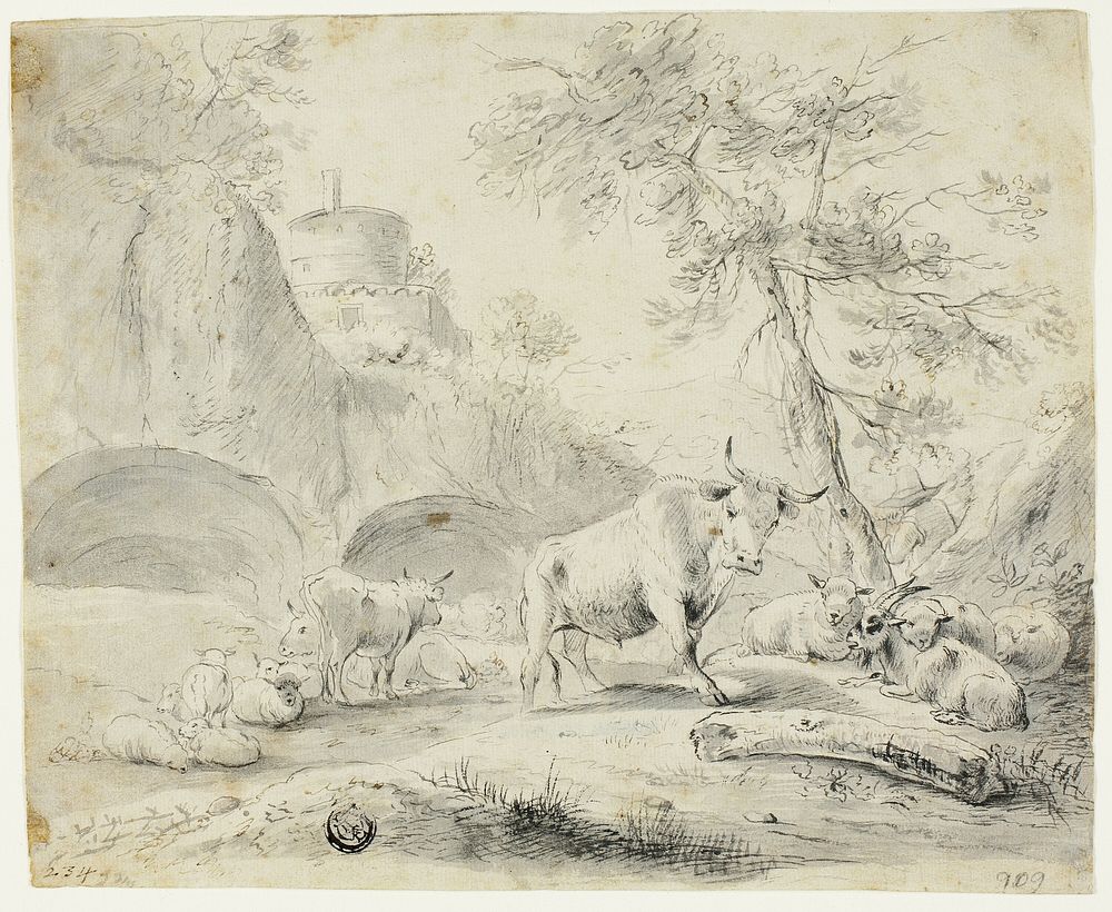 Landscape with Herdsman and Sheep, Goat, Cattle by Johann Heinrich Roos
