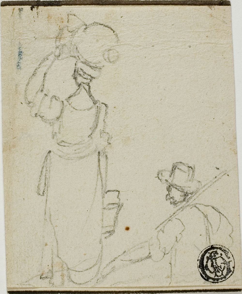 Man with Pole Following Woman with Jug on Head by Unknown